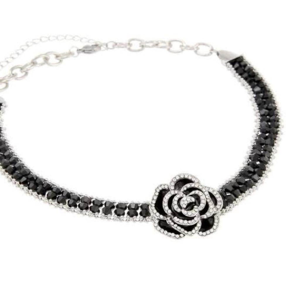 Elegant Black and Silver Swarovski Crystal Rose Choker